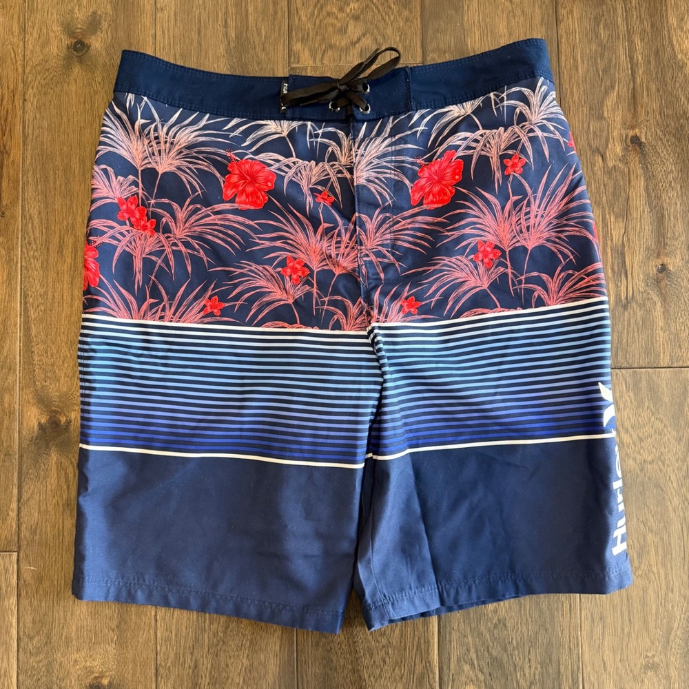 Hurley Board Shorts Kids Size 18/29 Navy Blue New Tropical Floral Striped Trunks